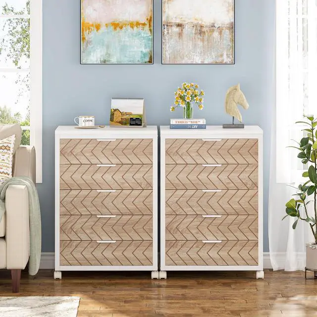 Alt view image 3 of 7 - 5-Drawer File Cabinet, Wood Mobile Storage Unit, Beige & White | Industrial Office Cabinet, with Wheels and Drawers, Rolling Printer Stand, Fits Home and Office