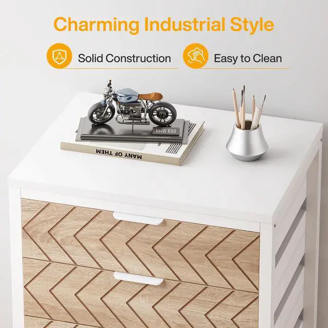Alt view image 5 of 7 - 5-Drawer File Cabinet, Wood Mobile Storage Unit, Beige & White | Industrial Office Cabinet, with Wheels and Drawers, Rolling Printer Stand, Fits Home and Office
