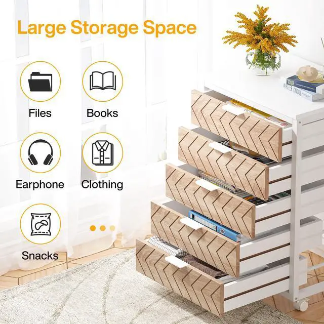 Alt view image 6 of 7 - 5-Drawer File Cabinet, Wood Mobile Storage Unit, Beige & White | Industrial Office Cabinet, with Wheels and Drawers, Rolling Printer Stand, Fits Home and Office