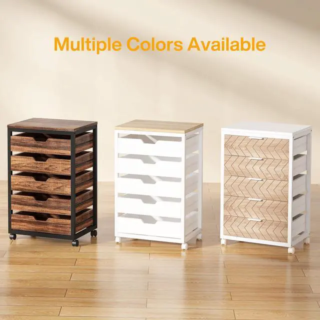 Alt view image 7 of 7 - 5-Drawer File Cabinet, Wood Mobile Storage Unit, Beige & White | Industrial Office Cabinet, with Wheels and Drawers, Rolling Printer Stand, Fits Home and Office