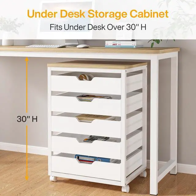 Alt view image 2 of 7 - 5-Drawer File Cabinet, Wood Mobile Storage, White | Industrial Office Cabinet, with Wheels and Drawers, Rolling Printer Stand, Fits Home and Office
