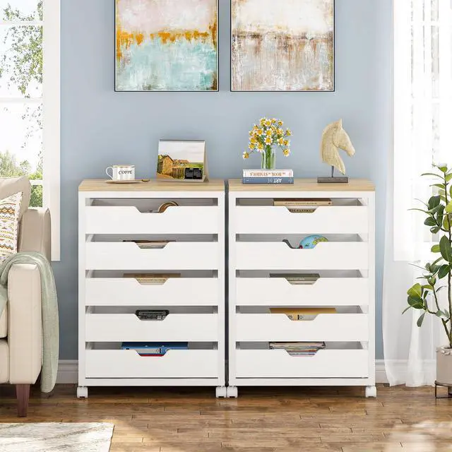 Alt view image 3 of 7 - 5-Drawer File Cabinet, Wood Mobile Storage, White | Industrial Office Cabinet, with Wheels and Drawers, Rolling Printer Stand, Fits Home and Office