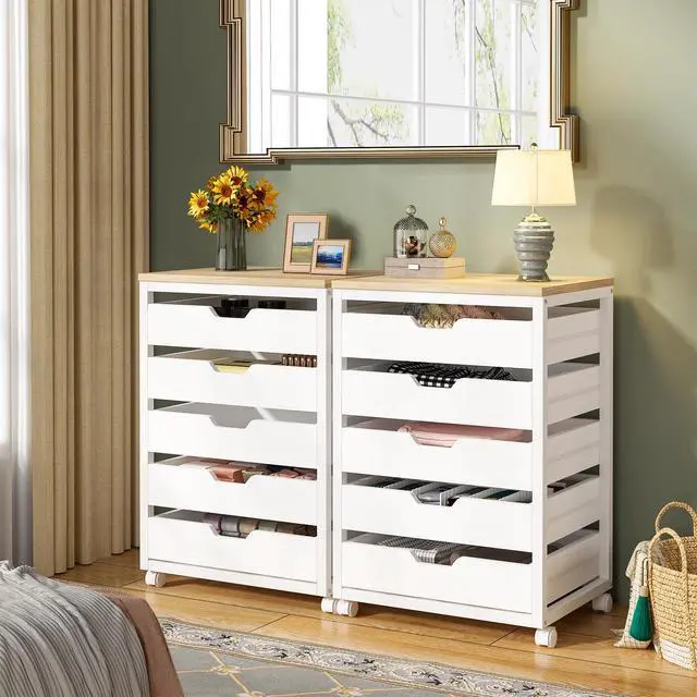 Alt view image 4 of 7 - 5-Drawer File Cabinet, Wood Mobile Storage, White | Industrial Office Cabinet, with Wheels and Drawers, Rolling Printer Stand, Fits Home and Office