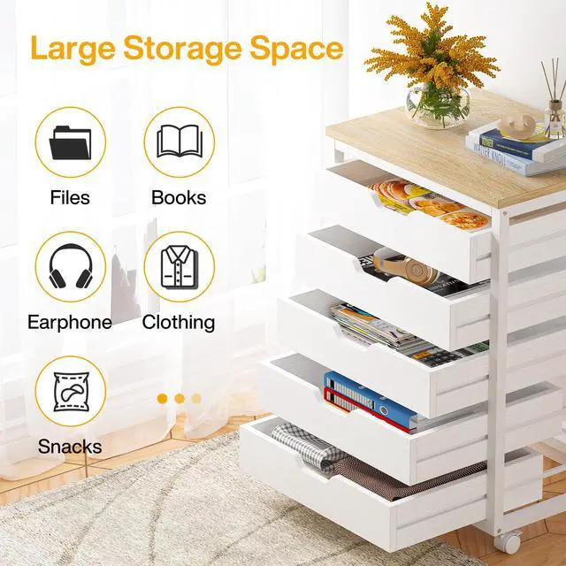 Alt view image 5 of 7 - 5-Drawer File Cabinet, Wood Mobile Storage, White | Industrial Office Cabinet, with Wheels and Drawers, Rolling Printer Stand, Fits Home and Office