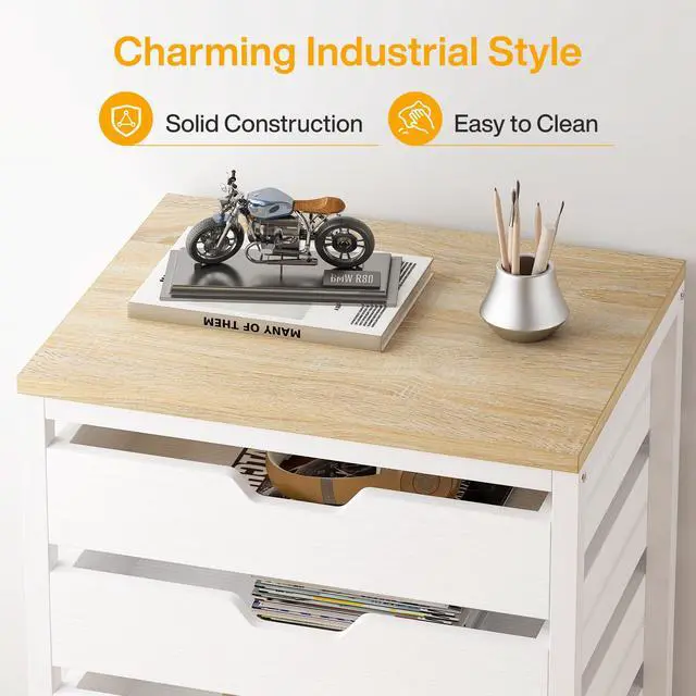 Alt view image 6 of 7 - 5-Drawer File Cabinet, Wood Mobile Storage, White | Industrial Office Cabinet, with Wheels and Drawers, Rolling Printer Stand, Fits Home and Office