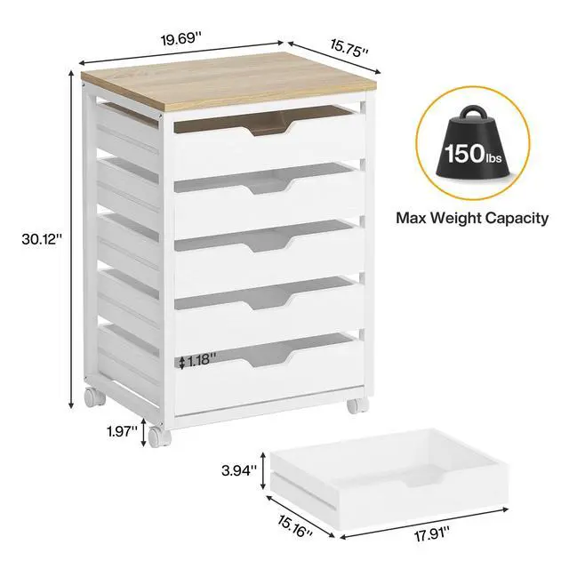Alt view image 7 of 7 - 5-Drawer File Cabinet, Wood Mobile Storage, White | Industrial Office Cabinet, with Wheels and Drawers, Rolling Printer Stand, Fits Home and Office
