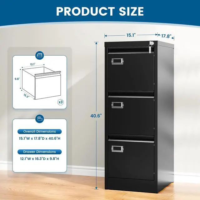 Alt view image 3 of 7 - 3-Drawer File Cabinet, 16.3" Deep Vertical Filing Cabinet with Lock, Metal File Cabinet for Home Office, Anti-Tip 3 Storage Drawers for Letter/Legal/A4/F4 Size, Assembly Required, Black