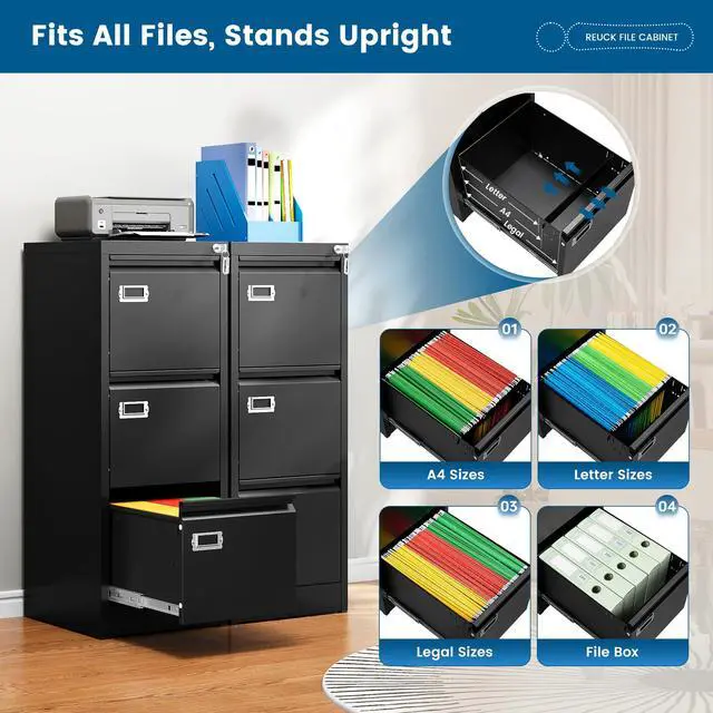 Alt view image 4 of 7 - 3-Drawer File Cabinet, 16.3" Deep Vertical Filing Cabinet with Lock, Metal File Cabinet for Home Office, Anti-Tip 3 Storage Drawers for Letter/Legal/A4/F4 Size, Assembly Required, Black