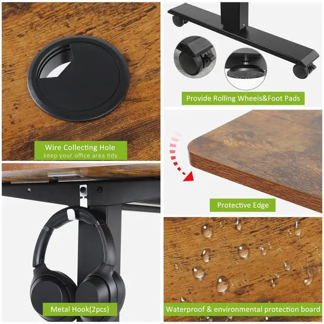 Alt view image 5 of 7 - 48 x 24 inch Standing Desk Electric Adjustable Height with Power Outlets, Stand up Desk with Ergonomic Workstation, Preset Heights Home Office Gaming Computer Workstations Table(Brown)