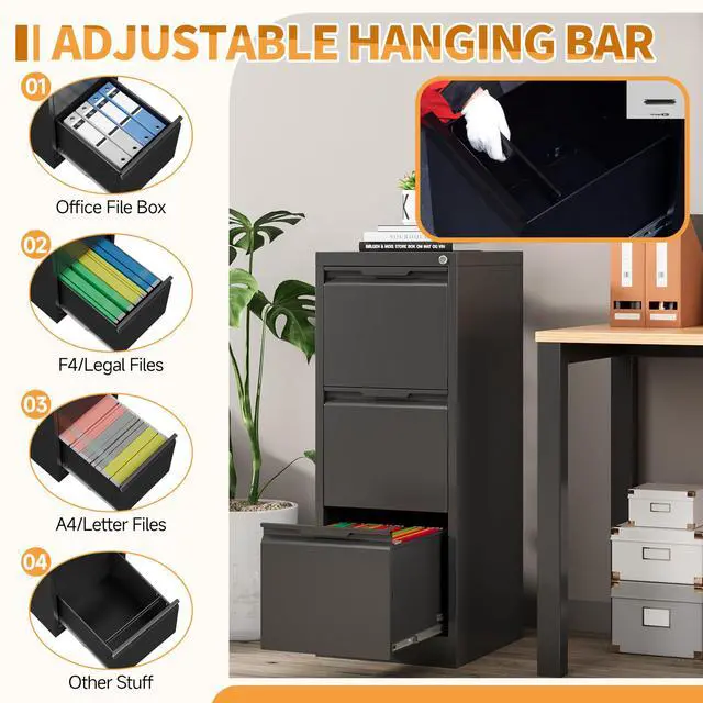Alt view image 3 of 6 - 3-Drawer Metal File Cabinet with Lock,Steel Printer Stand with Storage for Home Office,Vertical Filing Cabinet for Legal/Letter/A4 Files,Assembly Required