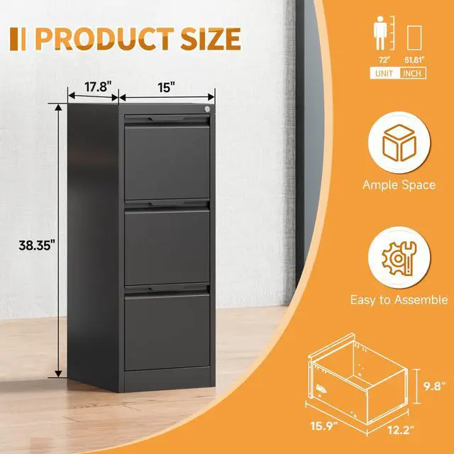 Alt view image 2 of 6 - 3-Drawer Metal File Cabinet with Lock,Steel Printer Stand with Storage for Home Office,Vertical Filing Cabinet for Legal/Letter/A4 Files,Assembly Required