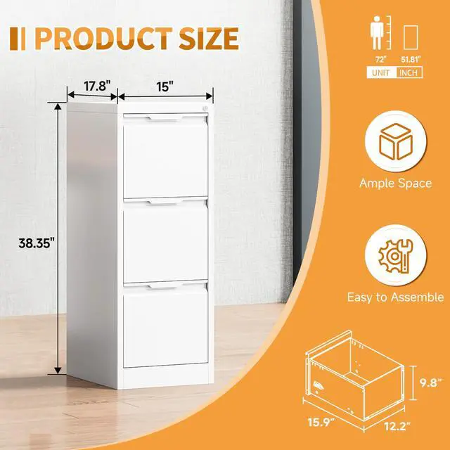 Alt view image 2 of 6 - 3-Drawer Metal File Cabinet with Lock,Steel Printer Stand with Storage for Home Office,Vertical Filing Cabinet for Legal/Letter/A4 Files,Assembly Required(15''W-3 Drawers,White)