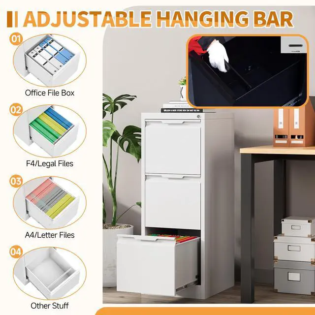 Alt view image 3 of 6 - 3-Drawer Metal File Cabinet with Lock,Steel Printer Stand with Storage for Home Office,Vertical Filing Cabinet for Legal/Letter/A4 Files,Assembly Required(15''W-3 Drawers,White)