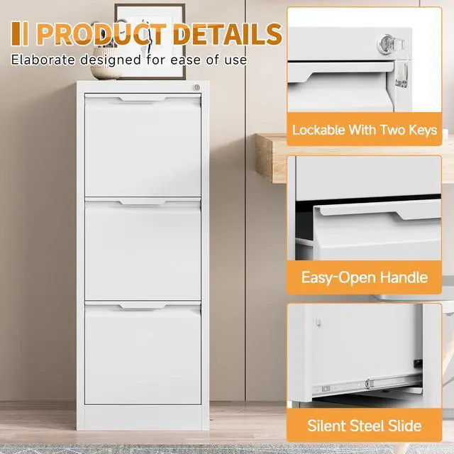 Alt view image 4 of 6 - 3-Drawer Metal File Cabinet with Lock,Steel Printer Stand with Storage for Home Office,Vertical Filing Cabinet for Legal/Letter/A4 Files,Assembly Required(15''W-3 Drawers,White)