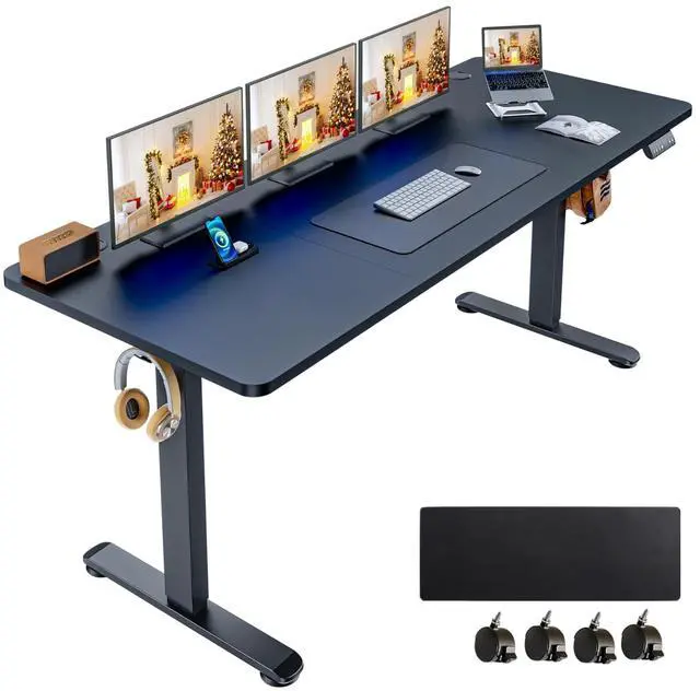 Main image of Electric Standing Desk 63 x 24 Inches Adjustable Height Sit Stand Up Desk for Home Office Computer Workstation Memory Preset with Wheels, Black