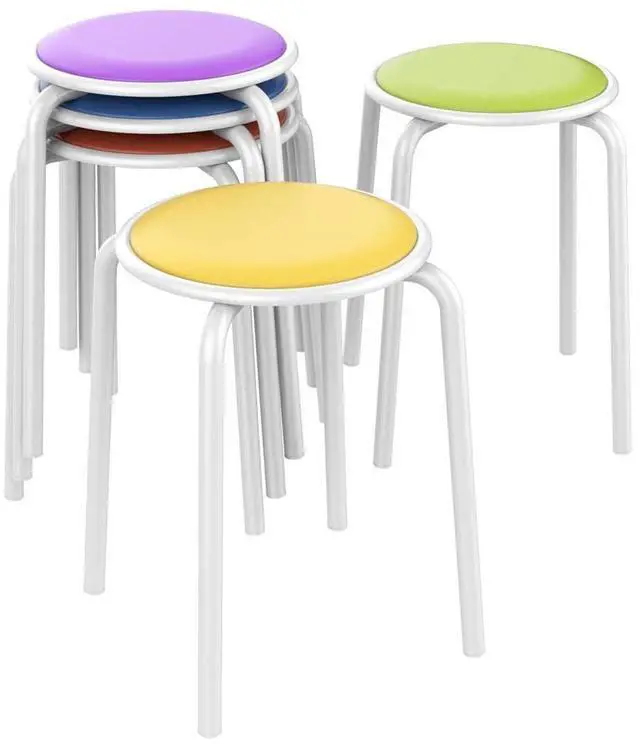 Main image of Padded Stackable Stools Set of 5, Flexible Seating, Vibrant Tones | Foam-padded faux-leather seats, stackable metal frames, up to 276 lb each; comfy vibrant seating for classroom or home