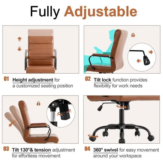 Alt view image 6 of 7 - Office Desk Chair,Modern Leather Conference Room Chairs,High Back Home ofiice Chair,Adjustable Height Swivel Executive Computer Chair with Armrest and Padded Seat,Brown with Black Frame