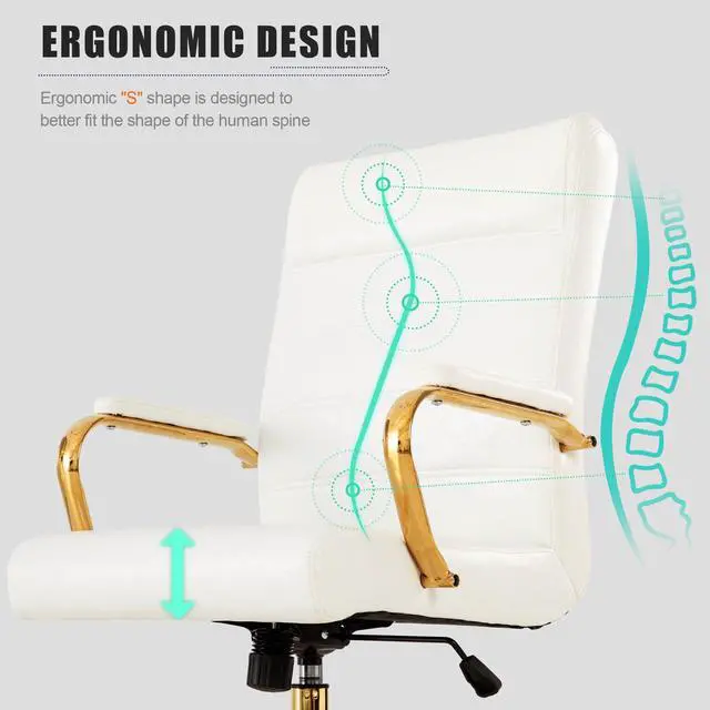 Alt view image 5 of 7 - White and Gold Office Desk Chair, Modern Leather Conference Room Chairs, High Back Ergonomic Home ofiice Chair, Adjustable Height Swivel Executive Computer Chair with Padded Seat and Armrest