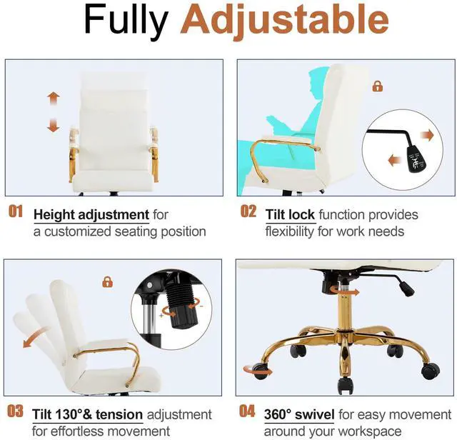 Alt view image 6 of 7 - White and Gold Office Desk Chair, Modern Leather Conference Room Chairs, High Back Ergonomic Home ofiice Chair, Adjustable Height Swivel Executive Computer Chair with Padded Seat and Armrest