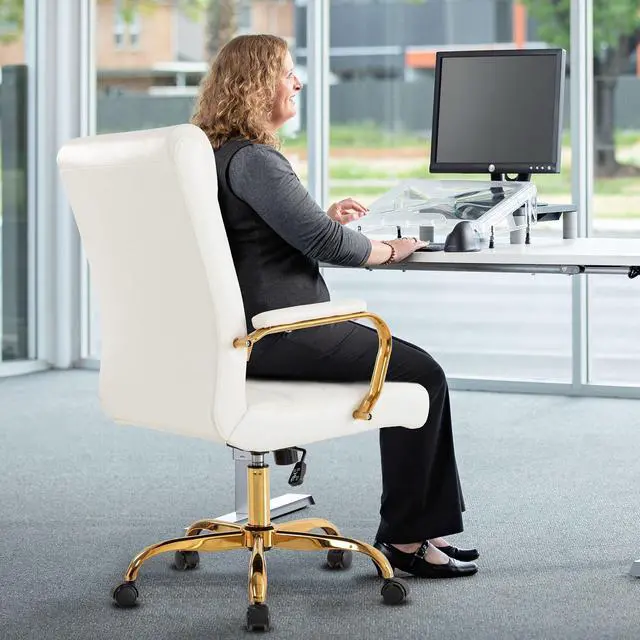 Alt view image 7 of 7 - White and Gold Office Desk Chair, Modern Leather Conference Room Chairs, High Back Ergonomic Home ofiice Chair, Adjustable Height Swivel Executive Computer Chair with Padded Seat and Armrest