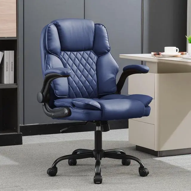 Main image of Office Desk Chair,Mid Back Executive Leather Chair,Ergonomic Home Computer Chair,Modern Conference Room Chairs with Adjustable Flip-Up Arms and Rocking Function (Navy Blue)