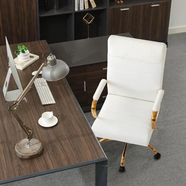 Alt view image 4 of 7 - White and Gold Office Desk Chair, Modern Leather Conference Room Chairs, High Back Ergonomic Home ofiice Chair, Adjustable Height Swivel Executive Computer Chair with Padded Seat and Armrest