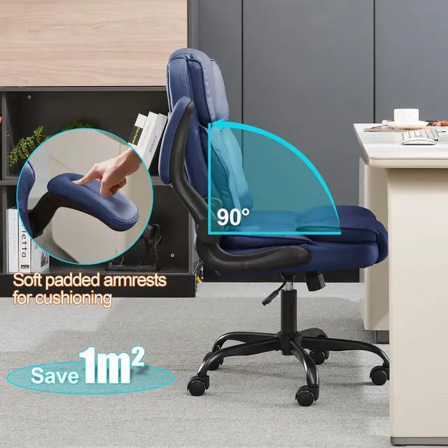 Alt view image 2 of 7 - Office Desk Chair,Mid Back Executive Leather Chair,Ergonomic Home Computer Chair,Modern Conference Room Chairs with Adjustable Flip-Up Arms and Rocking Function (Navy Blue)