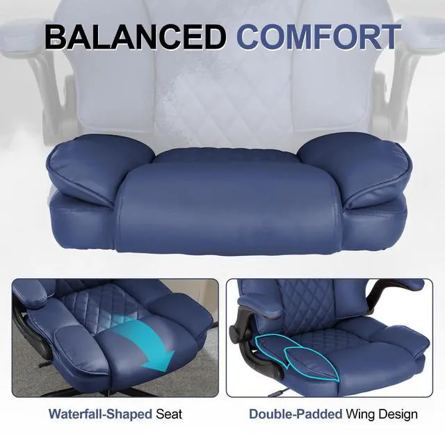 Alt view image 3 of 7 - Office Desk Chair,Mid Back Executive Leather Chair,Ergonomic Home Computer Chair,Modern Conference Room Chairs with Adjustable Flip-Up Arms and Rocking Function (Navy Blue)
