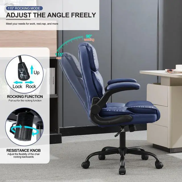 Alt view image 4 of 7 - Office Desk Chair,Mid Back Executive Leather Chair,Ergonomic Home Computer Chair,Modern Conference Room Chairs with Adjustable Flip-Up Arms and Rocking Function (Navy Blue)