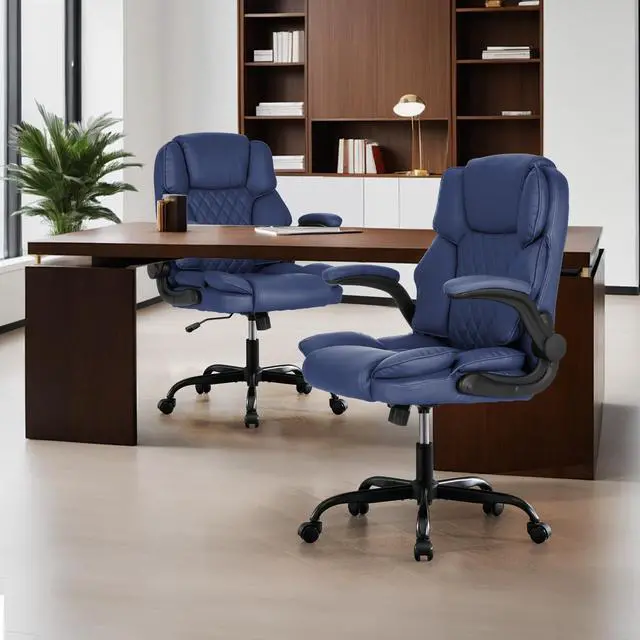 Alt view image 5 of 7 - Office Desk Chair,Mid Back Executive Leather Chair,Ergonomic Home Computer Chair,Modern Conference Room Chairs with Adjustable Flip-Up Arms and Rocking Function (Navy Blue)