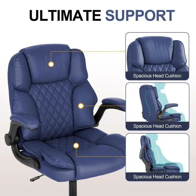 Alt view image 6 of 7 - Office Desk Chair,Mid Back Executive Leather Chair,Ergonomic Home Computer Chair,Modern Conference Room Chairs with Adjustable Flip-Up Arms and Rocking Function (Navy Blue)