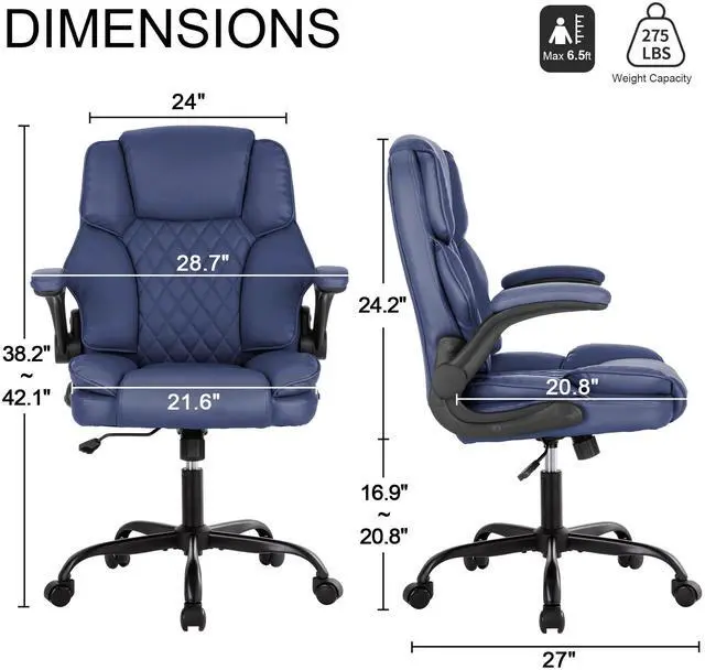Alt view image 7 of 7 - Office Desk Chair,Mid Back Executive Leather Chair,Ergonomic Home Computer Chair,Modern Conference Room Chairs with Adjustable Flip-Up Arms and Rocking Function (Navy Blue)