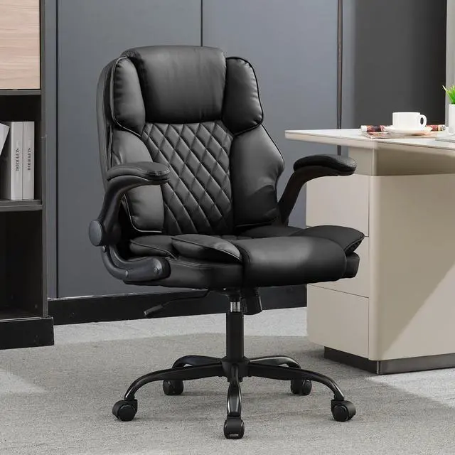Main image of Office Desk Chair, Conference Room Chairs, Mid Back Executive Leather Chair,Ergonomic Home Computer Chair, Modern Office Chair with Adjustable Flip-Up Arms and Rocking Function (Black)