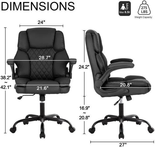 Alt view image 2 of 6 - Office Desk Chair, Conference Room Chairs, Mid Back Executive Leather Chair,Ergonomic Home Computer Chair, Modern Office Chair with Adjustable Flip-Up Arms and Rocking Function (Black)