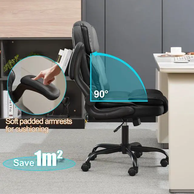 Alt view image 3 of 6 - Office Desk Chair, Conference Room Chairs, Mid Back Executive Leather Chair,Ergonomic Home Computer Chair, Modern Office Chair with Adjustable Flip-Up Arms and Rocking Function (Black)