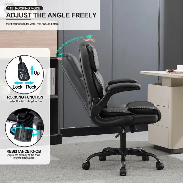 Alt view image 5 of 6 - Office Desk Chair, Conference Room Chairs, Mid Back Executive Leather Chair,Ergonomic Home Computer Chair, Modern Office Chair with Adjustable Flip-Up Arms and Rocking Function (Black)