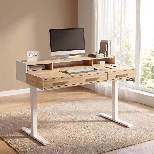 Main image of 48" Electric Standing Desk with 3 Drawers & Monitor Shelf | Height Adjustable Sit Stand Desk, Home Office Computer Workstation with Storage for Small Space, Light Walnut