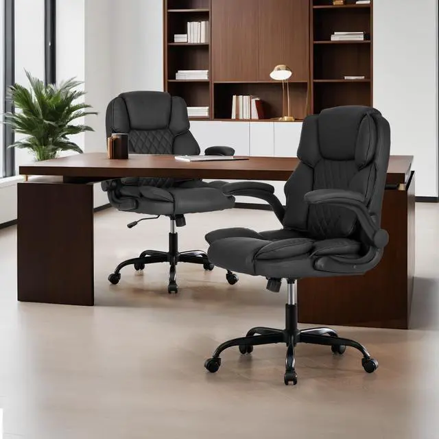 Alt view image 6 of 6 - Office Desk Chair, Conference Room Chairs, Mid Back Executive Leather Chair,Ergonomic Home Computer Chair, Modern Office Chair with Adjustable Flip-Up Arms and Rocking Function (Black)