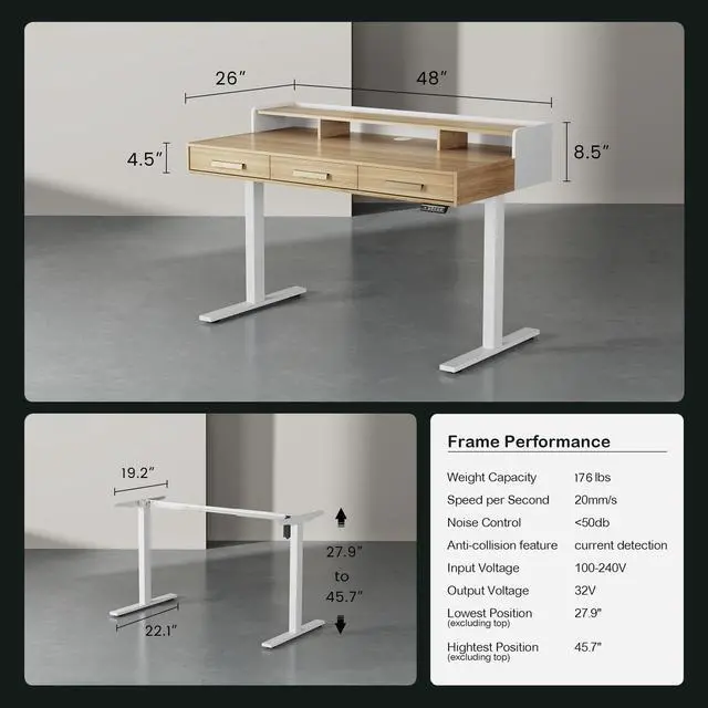 Alt view image 2 of 7 - 48" Electric Standing Desk with 3 Drawers & Monitor Shelf | Height Adjustable Sit Stand Desk, Home Office Computer Workstation with Storage for Small Space, Light Walnut
