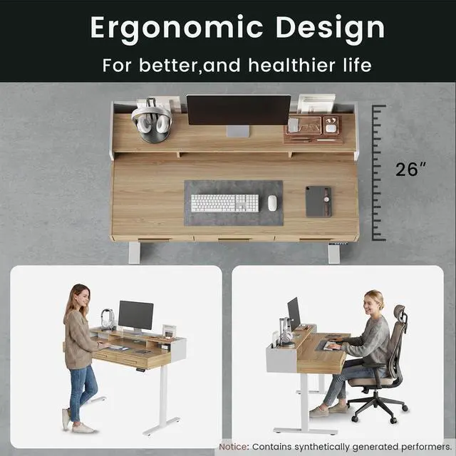 Alt view image 6 of 7 - 48" Electric Standing Desk with 3 Drawers & Monitor Shelf | Height Adjustable Sit Stand Desk, Home Office Computer Workstation with Storage for Small Space, Light Walnut