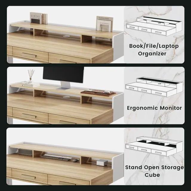 Alt view image 4 of 7 - 48" Electric Standing Desk with 3 Drawers & Monitor Shelf | Height Adjustable Sit Stand Desk, Home Office Computer Workstation with Storage for Small Space, Light Walnut