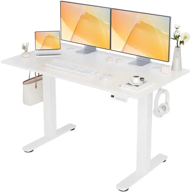Main image of Electric Standing Desk Adjustable Height, 48 x 24 Inch Sit Stand Desk with T-Shaped Frame, 3 Memory Presets & Cable Management for Home Office Computer Workstation, White Frame/White Top