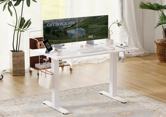 Alt view image 2 of 7 - Electric Standing Desk Adjustable Height, 48 x 24 Inch Sit Stand Desk with T-Shaped Frame, 3 Memory Presets & Cable Management for Home Office Computer Workstation, White Frame/White Top
