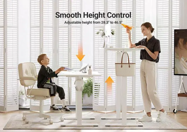 Alt view image 4 of 7 - Electric Standing Desk Adjustable Height, 48 x 24 Inch Sit Stand Desk with T-Shaped Frame, 3 Memory Presets & Cable Management for Home Office Computer Workstation, White Frame/White Top