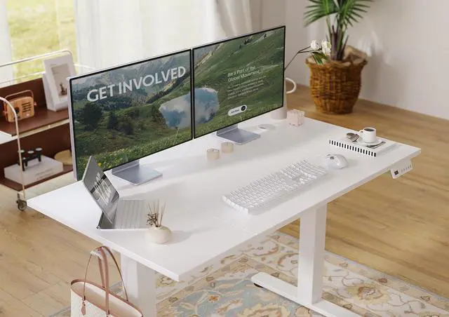 Alt view image 5 of 7 - Electric Standing Desk Adjustable Height, 48 x 24 Inch Sit Stand Desk with T-Shaped Frame, 3 Memory Presets & Cable Management for Home Office Computer Workstation, White Frame/White Top