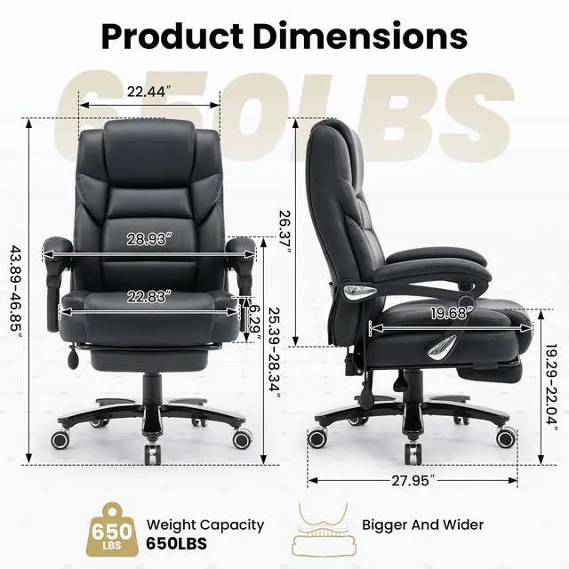 Alt view image 2 of 7 - 650lbs Big and Tall Office Chair for Heavy People,Ergonomic High Back PU Leather Computer Chair with Adjustable Lumbar Support,Reclining Executive Office Desk Chair with Foot Rest,Black