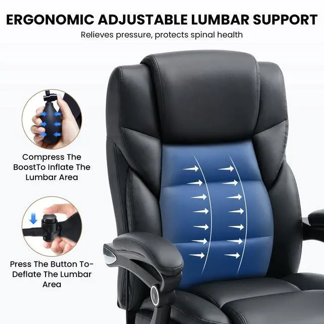 Alt view image 3 of 7 - 650lbs Big and Tall Office Chair for Heavy People,Ergonomic High Back PU Leather Computer Chair with Adjustable Lumbar Support,Reclining Executive Office Desk Chair with Foot Rest,Black