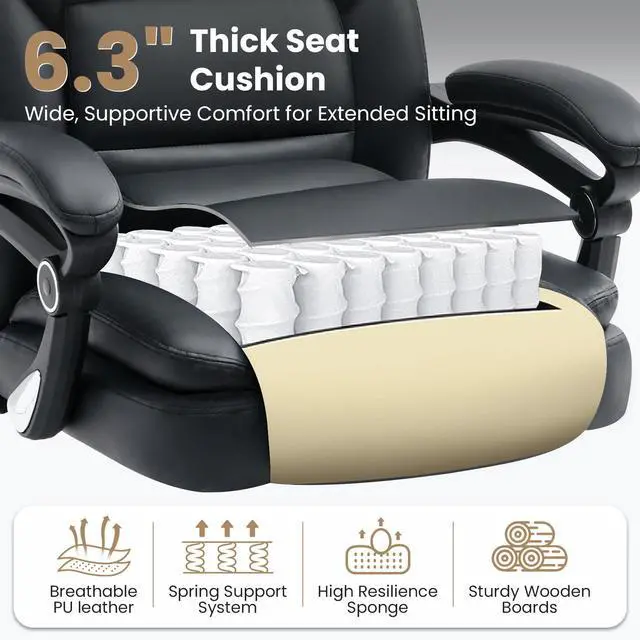 Alt view image 4 of 7 - 650lbs Big and Tall Office Chair for Heavy People,Ergonomic High Back PU Leather Computer Chair with Adjustable Lumbar Support,Reclining Executive Office Desk Chair with Foot Rest,Black