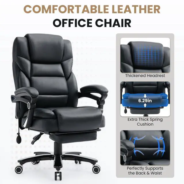 Alt view image 5 of 7 - 650lbs Big and Tall Office Chair for Heavy People,Ergonomic High Back PU Leather Computer Chair with Adjustable Lumbar Support,Reclining Executive Office Desk Chair with Foot Rest,Black