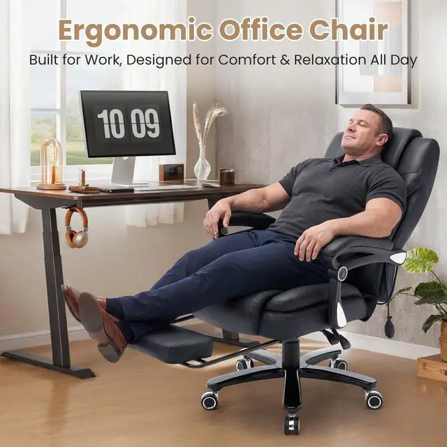 Alt view image 6 of 7 - 650lbs Big and Tall Office Chair for Heavy People,Ergonomic High Back PU Leather Computer Chair with Adjustable Lumbar Support,Reclining Executive Office Desk Chair with Foot Rest,Black